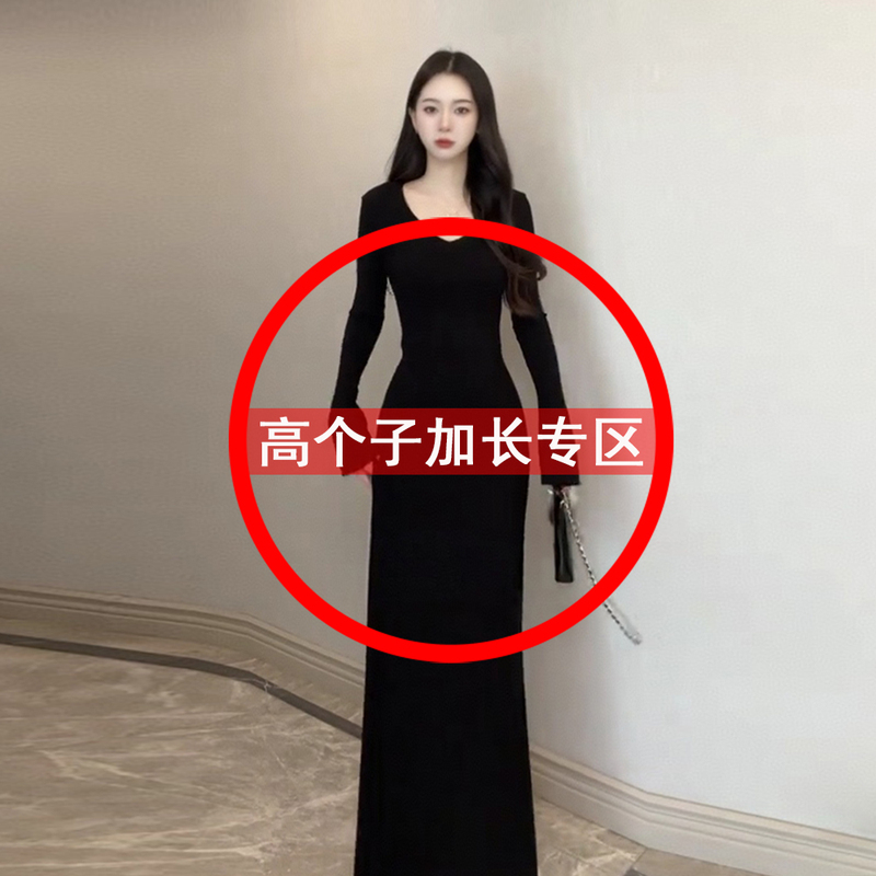 Tall Women 175cm Autumn Outfit with Coat, Black V-Neck Long-Sleeve Dress, Extended Version, Waist-Cinching, Slimming, Bodycon Long Dress for Women