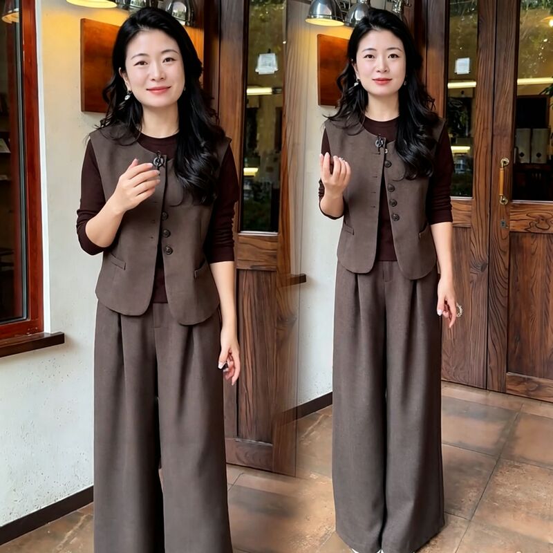 Fashionable Women's Suit 2026 Autumn New Style, Stylish and Age-Reducing Sleeveless Vest, Base Shirt, Wide-Leg Pants, Elegant Three-Piece Set