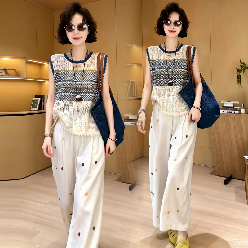 Fashion Suit for Women 2026 Summer New Stylish Slimming Color-Blocking Sleeveless Knit Top Wide-Leg Pants Two-Piece Set Fashion Suit for Women 2026 Summer New Stylish Slimming Color-Blocking Sleeveless Knit Top Wide-Leg Pants Two-Piece Set