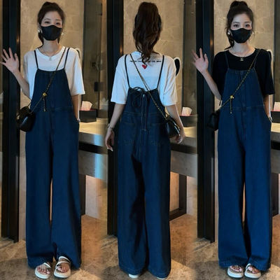 A new summer fashion denim overalls set for women, featuring a stylish and slimming short-sleeved T-shirt with a halter top and one-piece jumpsuit