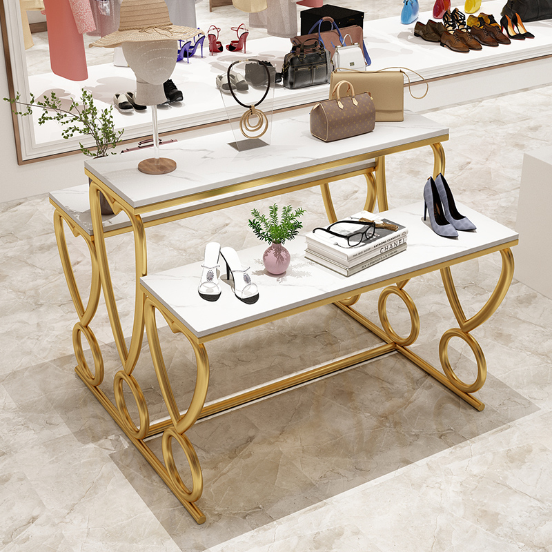 Shopping Mall Middle Island Cabinet Triple Shelf Clothing Shop Light Lavish Iron Art Show Shelf Shoe Store Bag Marble Running Water Table