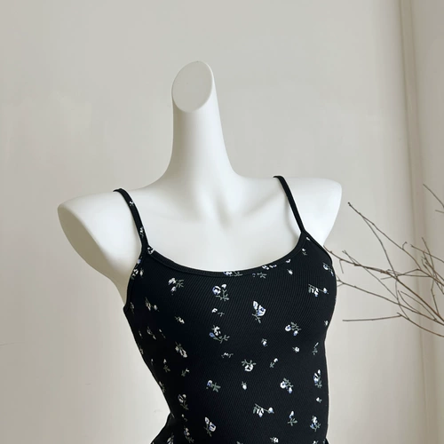 Черное летнее платье-комбинация, короткая юбка, приталенное платье, в корейском стиле, цветочный принт, высокая талия