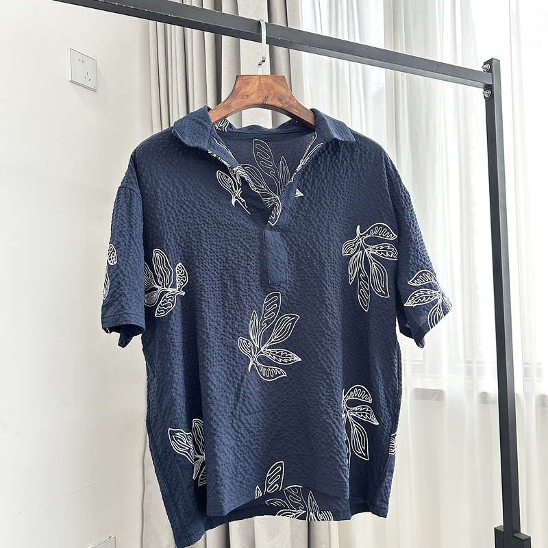 Scandinavian Order 79 Euros~ Bubble Gauze Texture Jump Stitch Embroidery Summer Men's Seagull Collar Quick-Drying Short-Sleeved Polo Shirt