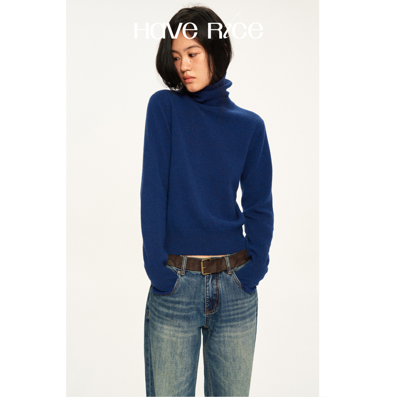 Haverice Restaurant French-Style Blue Turtleneck Sweater 100% Sheep Wool Turtleneck Vintage Knitwear for Layering Haverice Restaurant French-Style Blue Turtleneck Sweater 100% Sheep Wool Turtleneck Vintage Knitwear for Layering