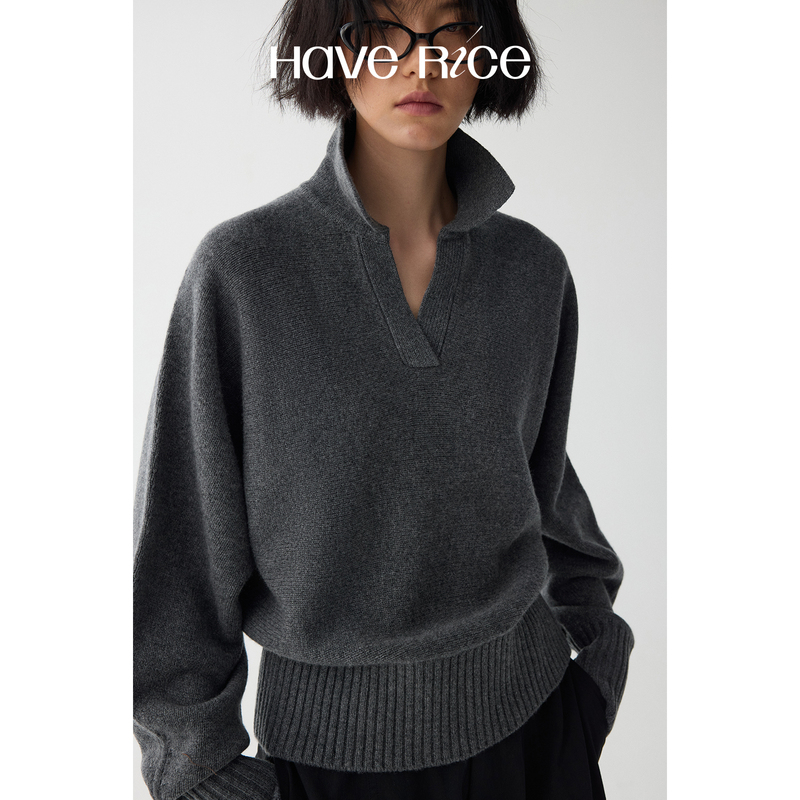 Haverice Restaurant Peninsula Love Letter Classic Versatile Polo Raglan Sleeve Wool Cashmere Yarn Knitted Sweater Haverice Restaurant Peninsula Love Letter Classic Versatile Polo Raglan Sleeve Wool Cashmere Yarn Knitted Sweater