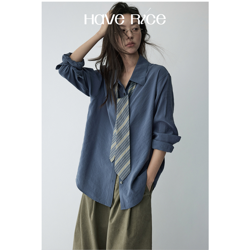 Haverice Restaurant Slow-Style Shirt Sand-Washed with a Misty, Soft Drape, Machine Washable, Versatile, Slimming Blue Shirt