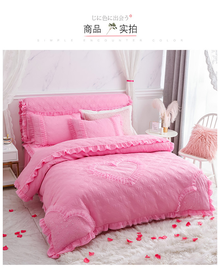 Một gia đình bốn công chúa Hàn Quốc ren gió giường váy màu cộng với khăn trải giường cotton dày màu hồng ren lanh cưới chăn - Bộ đồ giường bốn mảnh bộ chăn ga gối đệm