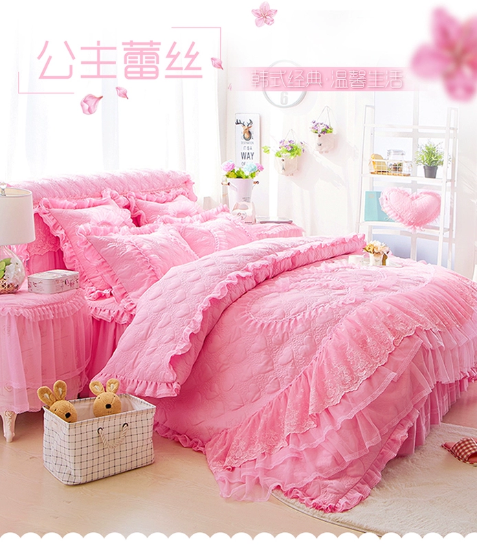 Red chúa Wedding gió gia đình bốn dày bedspread bông giường váy ren chăn đơn hoặc kép Wujiantao - Bộ đồ giường bốn mảnh