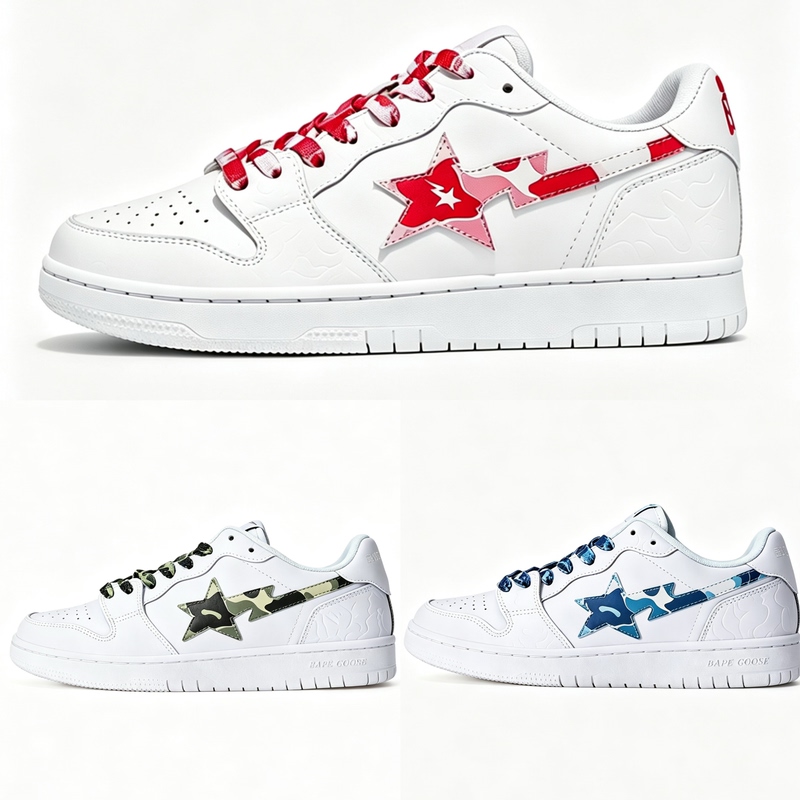 Bape Goose Ape Camouflage Star Logo Casual Shoes for Men and Women, Campus White Sneakers, Sports Trendy Couple Sneakers