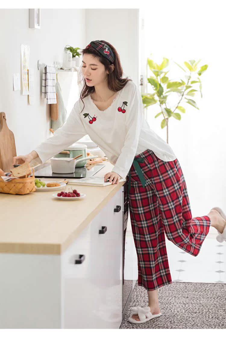 Jing Yun mới đồ ngủ nữ mùa thu cotton dài tay nhà dịch vụ phù hợp ngọt ngào lỏng lưới rộng chân phụ nữ nhà quần áo - Bên ngoài ăn mặc đồ bộ kiểu mới