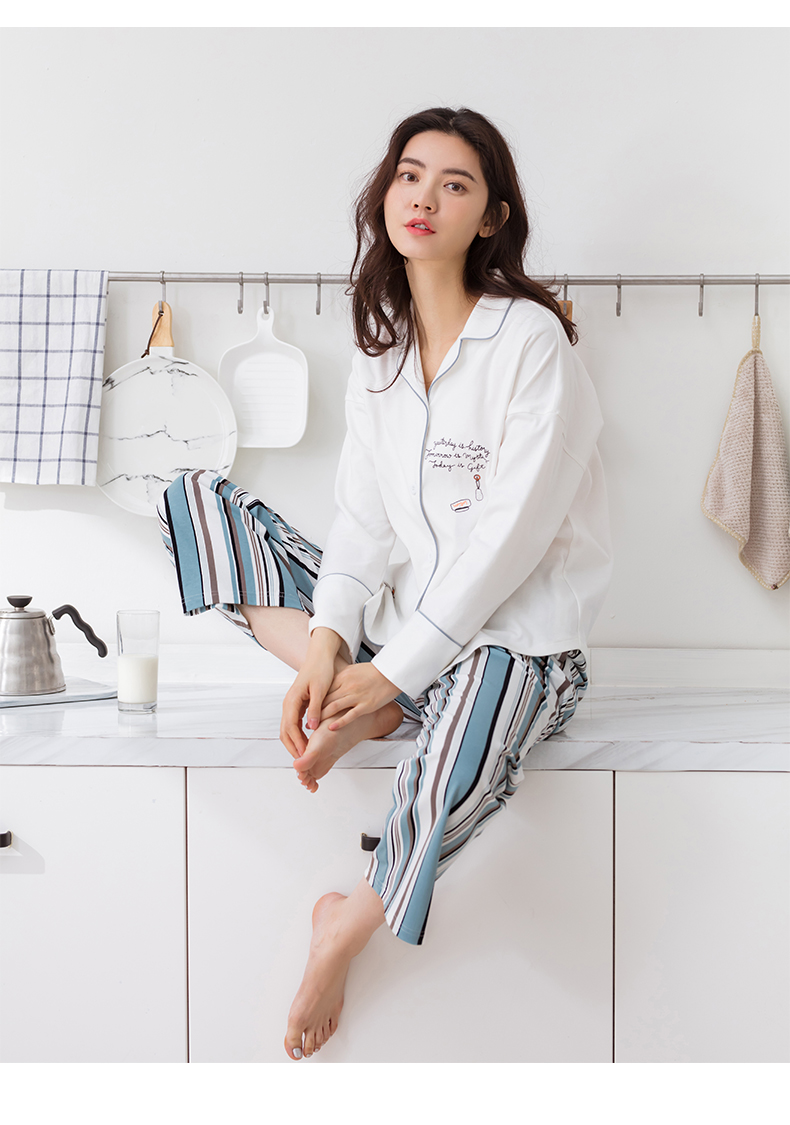 Jing Yun mùa xuân và mùa thu vài bộ đồ ngủ cotton áo sơ mi nữ dịch vụ nhà đơn giản nam giới có thể mặc áo dài tay phù hợp thời trang mặc nhà