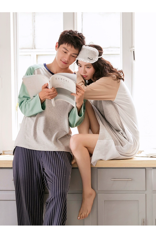 Jing Yun mới mùa thu vài bộ đồ ngủ cotton dài tay lỏng lẻo phụ nữ váy ngủ sọc đơn giản dịch vụ nhà nam hình ảnh đồ bộ kiểu