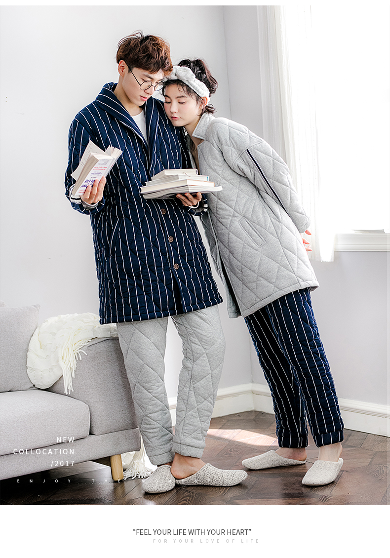 Jing Yun mới mùa đông vài bộ đồ ngủ dày đan ấm bông phục vụ nhà nam và nữ tay áo dài có thể được mặc bên ngoài phù hợp đồ ngủ nam thu đông