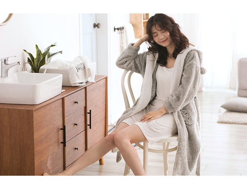 Bộ đồ ngủ Jing Yun nữ mùa đông san hô nhung nữ áo ngủ dễ thương màu rắn ấm áp dịch vụ nhà flannel áo choàng dài pijama đôi