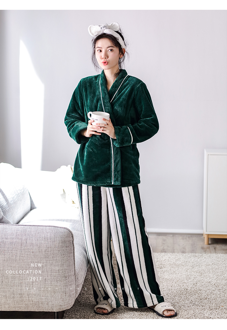 Jing Yun mùa đông san hô nhung nữ đồ ngủ dài tay dày flannel phụ nữ ấm áp phục vụ nhà có thể mặc đồ bộ nam