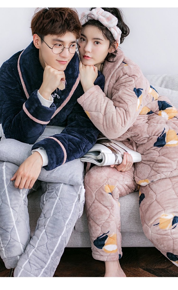 Jing Yun dày ba lớp nhung san hô chăn đôi đồ ngủ mùa đông dài tay ấm áp phù hợp với nam flannel dịch vụ nhà phụ nữ - Bên ngoài ăn mặc đồ bộ kiểu mới