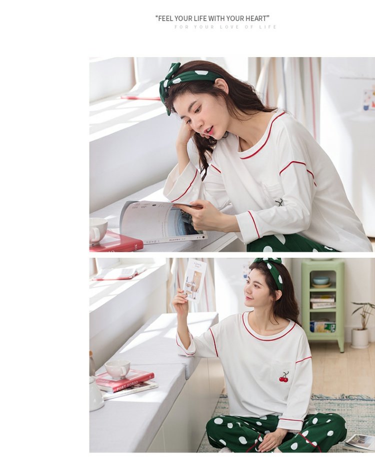 Jing Yun đồ ngủ mới của phụ nữ mùa thu cotton cổ tròn dài tay quần áo nhà ngọt ngào dễ thương quần tây phục vụ nhà phụ nữ - Bên ngoài ăn mặc các kiểu đồ bộ ống rộng đẹp