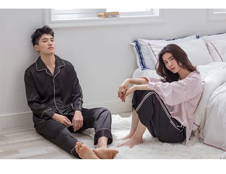 Jing Yun vài bộ đồ ngủ mùa xuân và mùa thu thời trang nữ sọc Hàn Quốc dịch vụ nhà lụa dài tay áo len nam bộ nhà - Bên ngoài ăn mặc đồ bộ mặc nhà