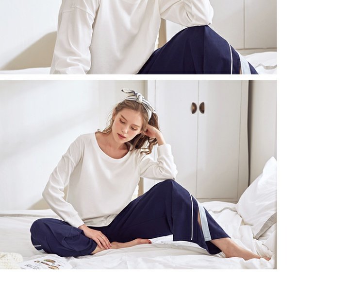 Jing Yun mùa xuân và mùa thu đồ ngủ cotton phụ nữ đơn giản dài tay dịch vụ nhà cô gái giản dị rắn màu rộng chân phù hợp với cotton - Bên ngoài ăn mặc bộ đồ ngủ