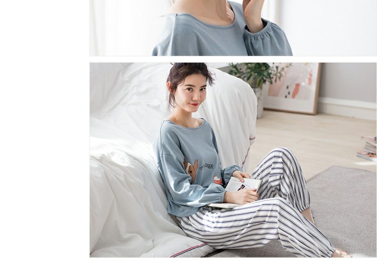 Jing Yun 2018 cotton mùa xuân nữ đồ ngủ đơn giản cổ tròn nữ dịch vụ dài tay tại nhà có thể mặc bên ngoài bộ đồ cotton - Bên ngoài ăn mặc đồ bộ mặc nhà cao cấp