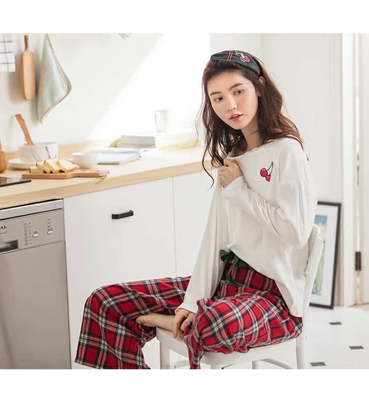 Jing Yun mới đồ ngủ nữ mùa thu cotton dài tay nhà dịch vụ phù hợp ngọt ngào lỏng lưới rộng chân phụ nữ nhà quần áo - Bên ngoài ăn mặc đồ bộ kiểu mới