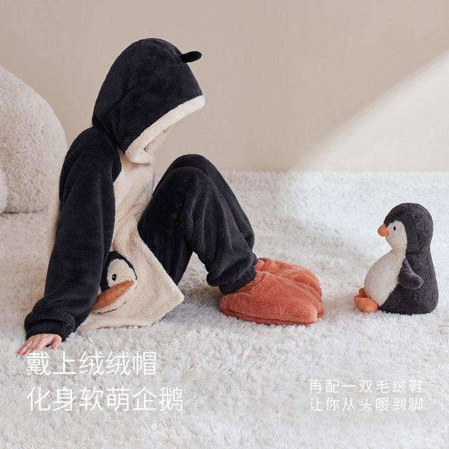 Jingyun Penguin Coral Velvet Nightgown ຂອງແມ່ຍິງດູໃບໄມ້ລົ່ນແລະລະດູຫນາວຄູ່ຜົວເມຍ Pajamas ເຮືອນເຄື່ອງນຸ່ງຫົ່ມພໍ່ແມ່-ເດັກນ້ອຍຊຸດຜູ້ຊາຍ
