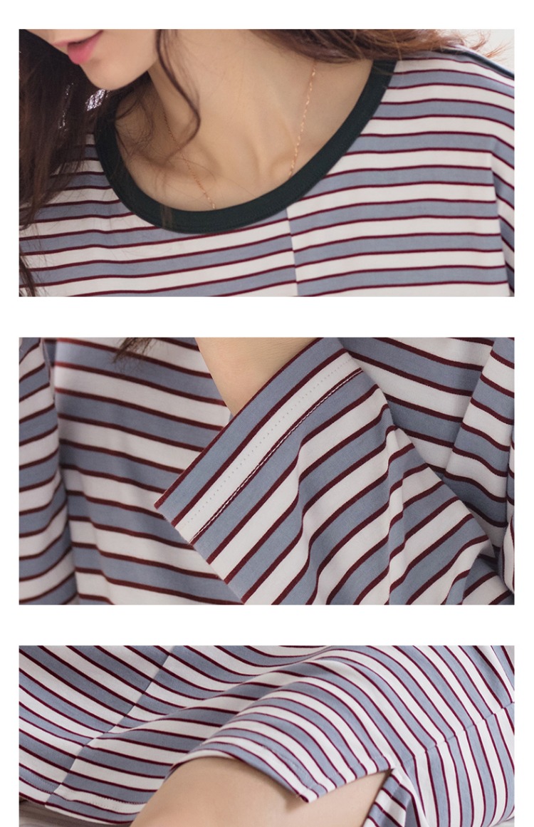 Jing Yun mới váy ngủ nữ mùa thu cotton dài tay nữ phục vụ nhà mùa xuân đơn giản sọc cổ áo ngủ váy đầm mặc nhà trung niên