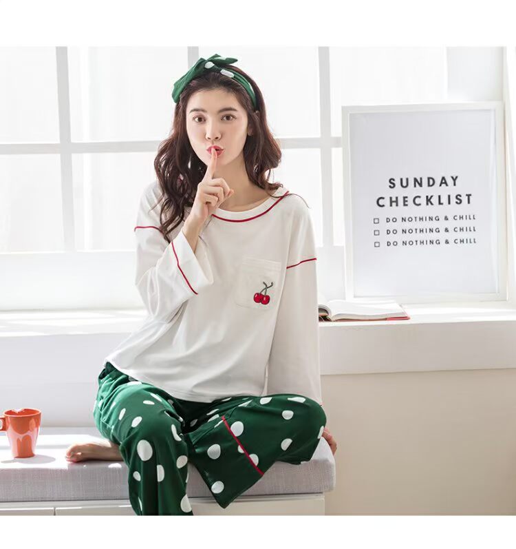 Jing Yun đồ ngủ mới của phụ nữ mùa thu cotton cổ tròn dài tay quần áo nhà ngọt ngào dễ thương quần tây phục vụ nhà phụ nữ - Bên ngoài ăn mặc các kiểu đồ bộ ống rộng đẹp