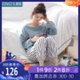 Jing Yun 2018 cotton mùa xuân nữ đồ ngủ đơn giản cổ tròn nữ dịch vụ dài tay tại nhà có thể mặc bên ngoài bộ đồ cotton - Bên ngoài ăn mặc đồ bộ thun
