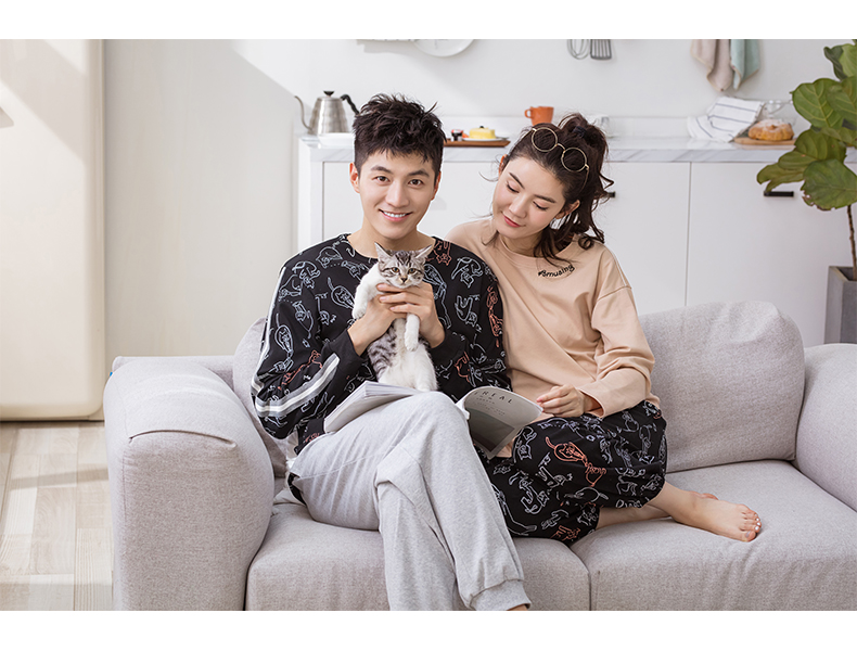 Jing Yun 2018 xuân đôi cotton đồ ngủ thời trang cổ tròn nữ dịch vụ nhà đơn giản phim hoạt hình nam phù hợp với mùa thu - Bên ngoài ăn mặc đồ ngủ đẹp