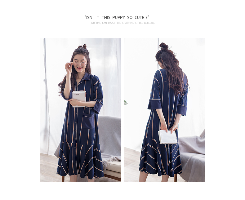 Jing Yun 2017 bộ đồ ngủ mùa hè cotton ngắn tay đơn giản phục vụ tại nhà phù hợp với nam phiên bản Hàn Quốc của váy ngủ nữ sọc thời trang đồ ngủ họa tiết phim hoạt hình