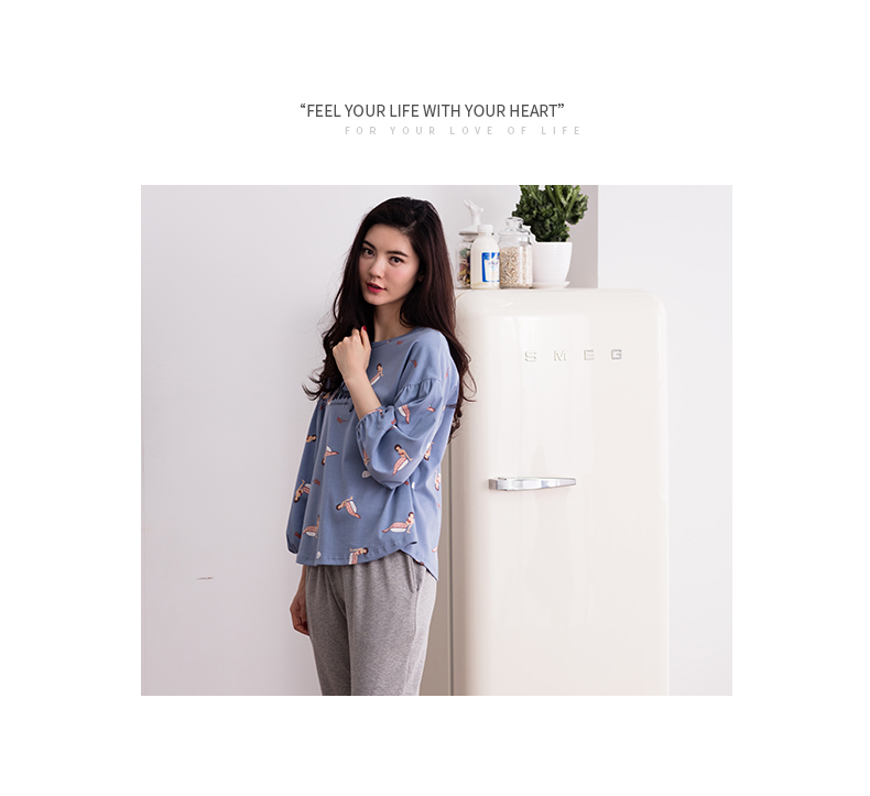 Jing Yun 2017 đồ ngủ mới cho nữ mùa thu cotton dài tay cổ tròn phục vụ nhà phù hợp với quần áo nữ mới và đáng yêu bộ đồ mặc nhà