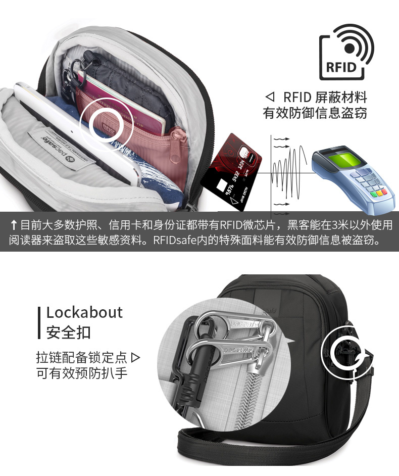 PACSAFE ngoài trời chống trộm cut-proof mini crossbody ba lô vai túi Metrosafe LS100 30400 túi adidas