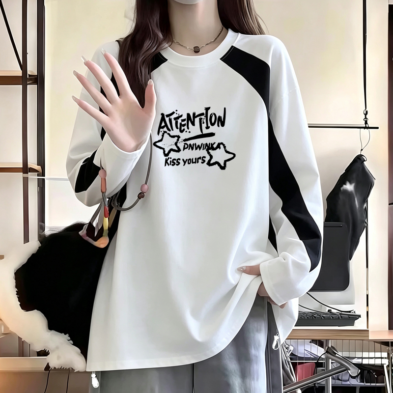Spring and Autumn American Street Style Color-Blocked Long-Sleeved Pure Cotton T-Shirt for Women with Design Letter Print Loose Large Size Top Spring and Autumn American Street Style Color-Blocked Long-Sleeved Pure Cotton T-Shirt for Women with Design Letter Print Loose Large Size Top