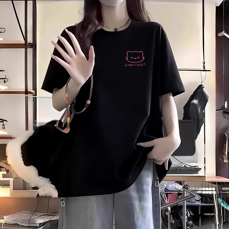 Letter Print Cotton Short-Sleeve T-Shirt for Junior High and High School Girls, Loose and Versatile, Black Top for Female Students, Summer