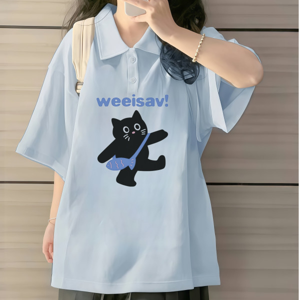 Milk Blue Stylish Short-Sleeved Polo Shirt for Junior High School Girls, Loose Cotton T-Shirt for Older Children, Pure Cotton Top Milk Blue Stylish Short-Sleeved Polo Shirt for Junior High School Girls, Loose Cotton T-Shirt for Older Children, Pure Cotton Top