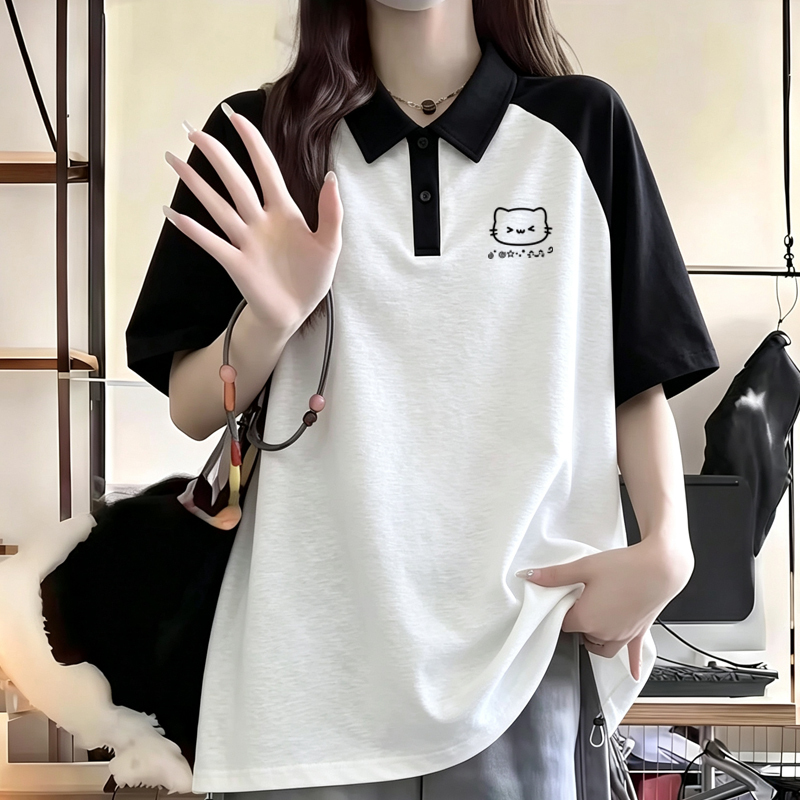 Cute Girl's Color-Block Polo Collar Short-Sleeve T-Shirt, Loose Raglan Sleeves, Versatile Loose-Fitting Pure Cotton Top for Middle School Students Cute Girl's Color-Block Polo Collar Short-Sleeve T-Shirt, Loose Raglan Sleeves, Versatile Loose-Fitting Pure Cotton Top for Middle School Students