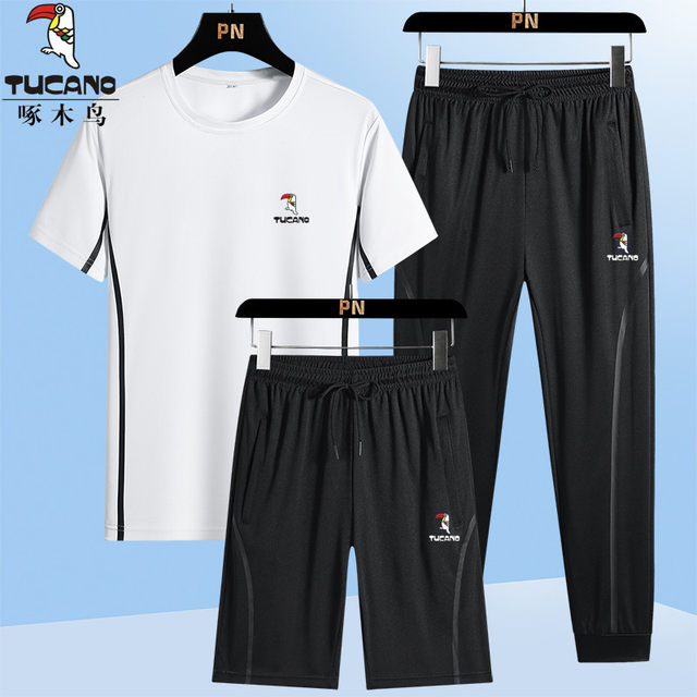 Woodpecker ກິລາແລະ leisure suit men's summer ice silk silk thin short-sleeved T-shirt men's shorts running fitness set three-pieces