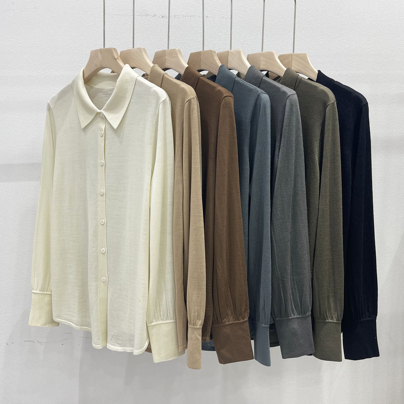 German Otw Anti-Shrink Yangtze Yarn Pure Wool Lapel Long-Sleeved Spring & Fall Shirt-Style Knitwear for Women