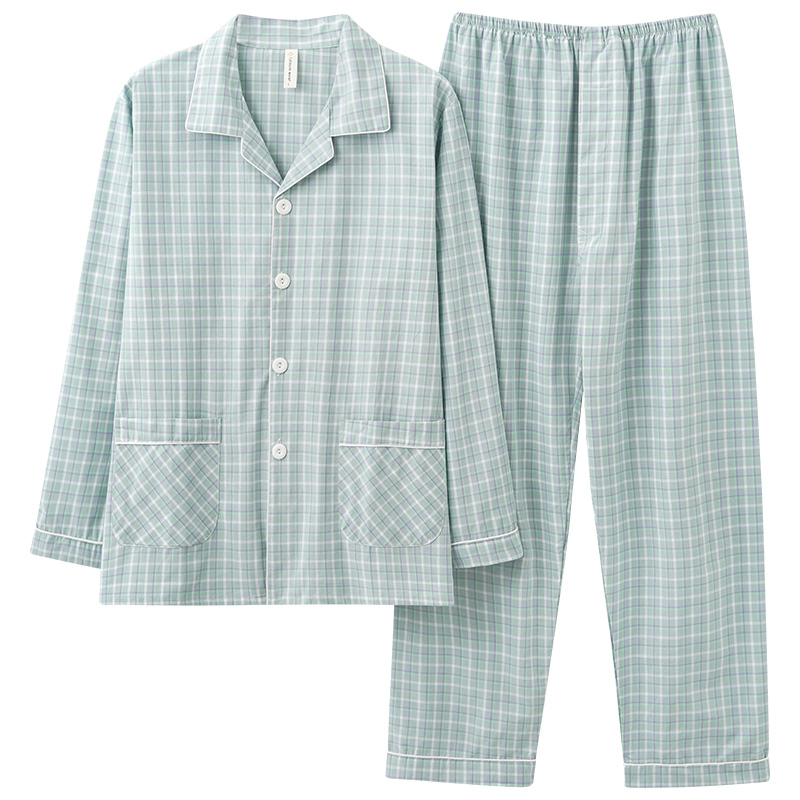 Men's Pure Cotton Woven Long-Sleeved Long Pants Pajamas with Plaid Pattern and Open Placket for Spring and Autumn, Available in Large Sizes