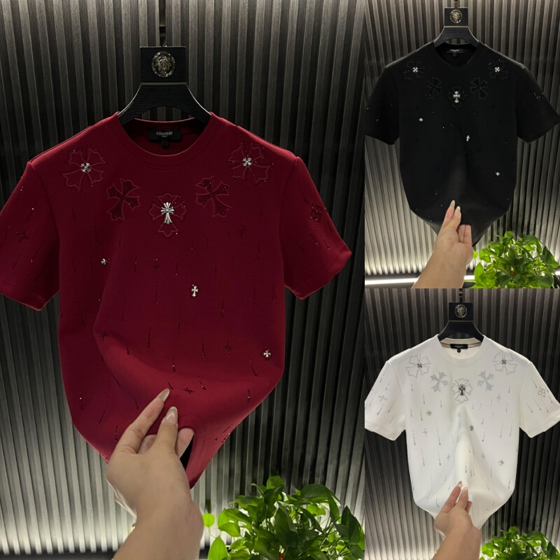 2026 Spring New Short-Sleeve T-Shirt Men's Top Round Neck Heavy Luxury High-End Meteor Full Rhinestone Heavy Craft Half-Sleeve T-Shirt