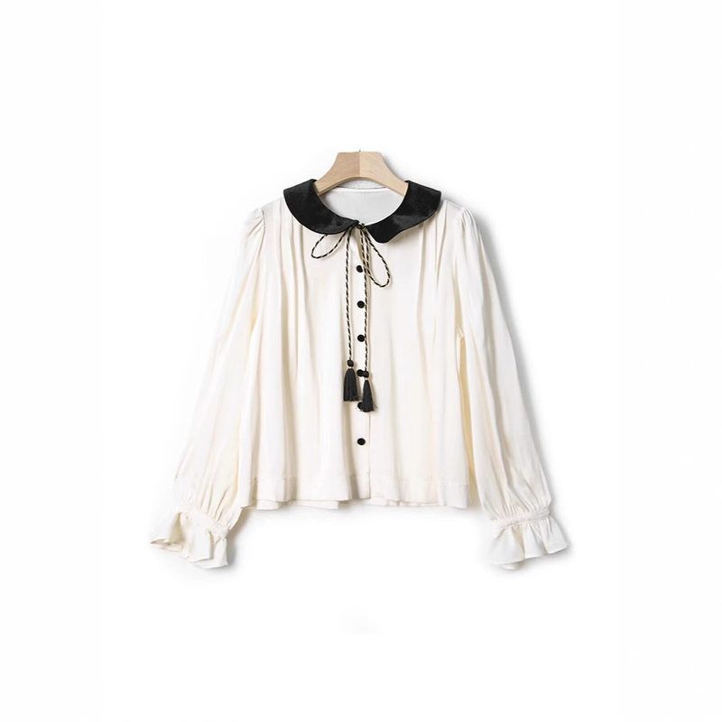 Do* Silk Velvet Patchwork Neckline Ruffle Sleeves Tassel Tie-Up Shirt Women's Top