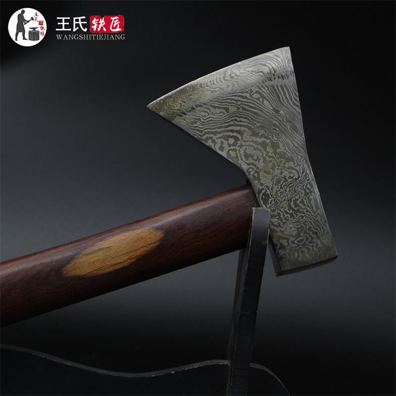 Wang's blacksmith handmade with 100-chain patterned steel clamp steel single-edged axe Damascus Steel Wood Carpenter axe