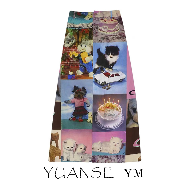 College Style Cartoon Cat Graffiti Print Skirt for Women, Spring and Autumn Art Student Fashion Casual High-Waisted A-Line Long Skirt