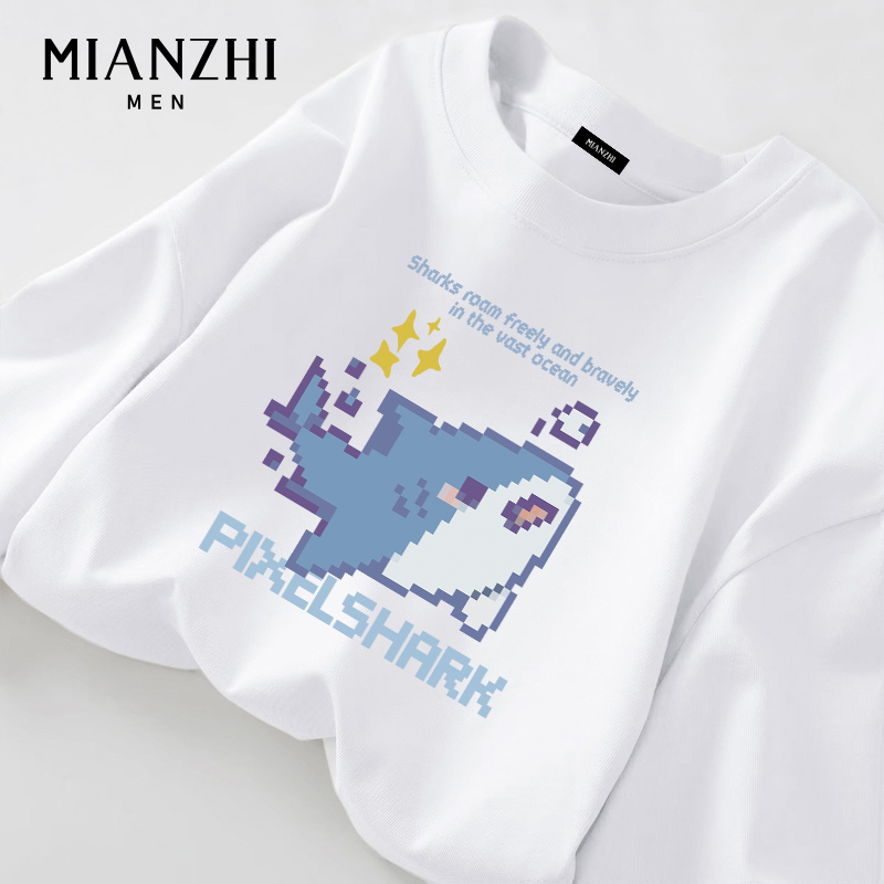 Cotton Pixel Style Small Shark Long-Sleeve T-Shirt for Men, White, Loose Fit, 2026 Spring and Autumn, Pure Cotton Cartoon Inner Layer Base Shirt