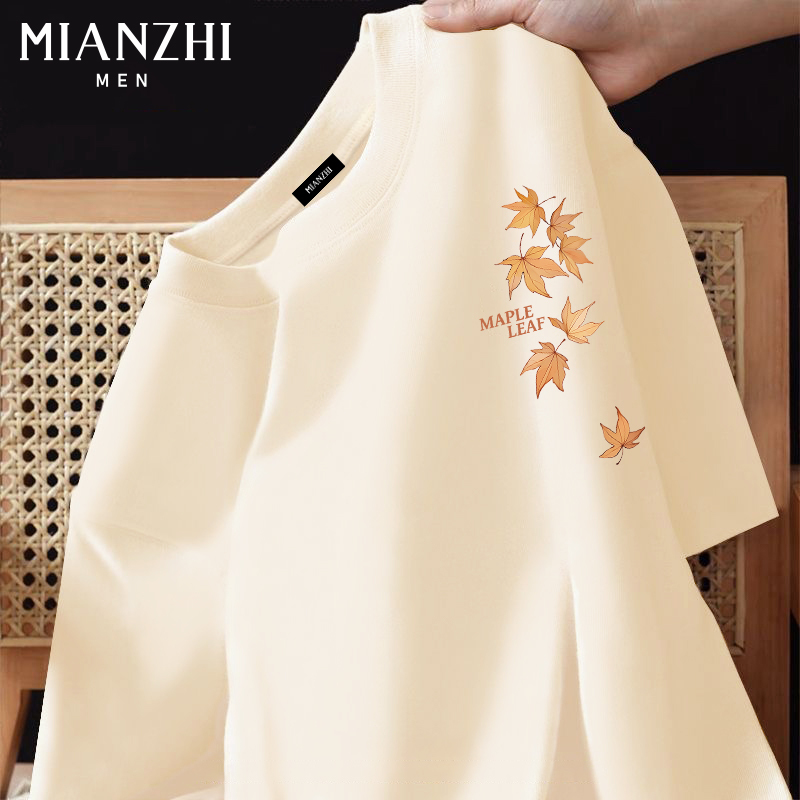 Cotton Maple Leaf National Style Beige Short-Sleeve T-Shirt for Men, Pure Cotton, 2026 Summer, Youth Loose Trendy Oversized T-Shirt