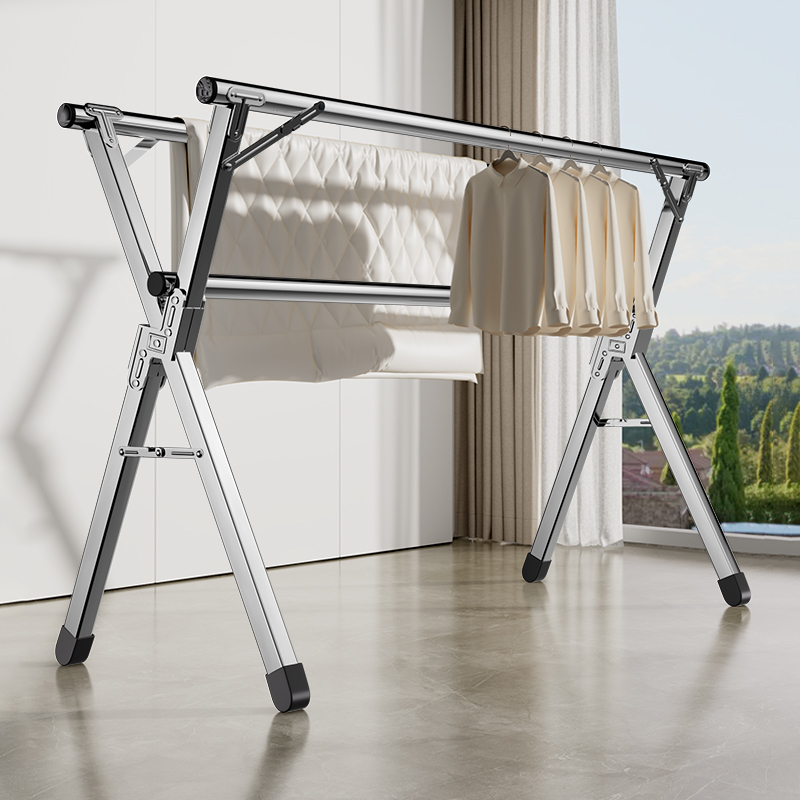 Stainless Steel Floor-Standing Clothes Drying Rack, Foldable for Home Use, Suitable for Balcony, Indoor and Outdoor, Simple Clothes Hanging Rod, Quilt Drying Magic Tool