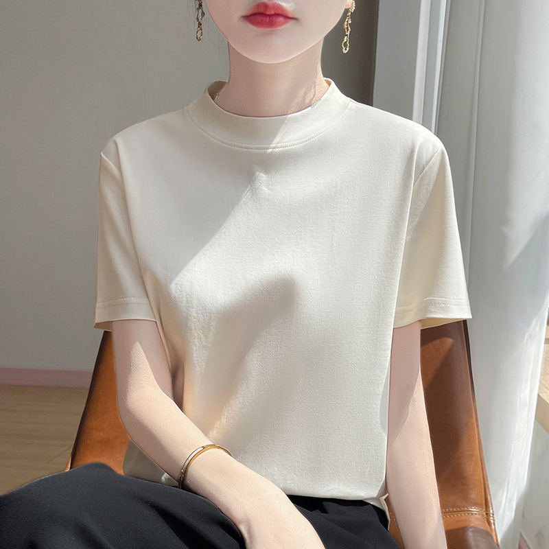 Cool Cotton Short-Sleeved Women's 2026 Spring and Summer New Short Half-High Collar 100% Cotton T-Shirt Simple Base Shirt