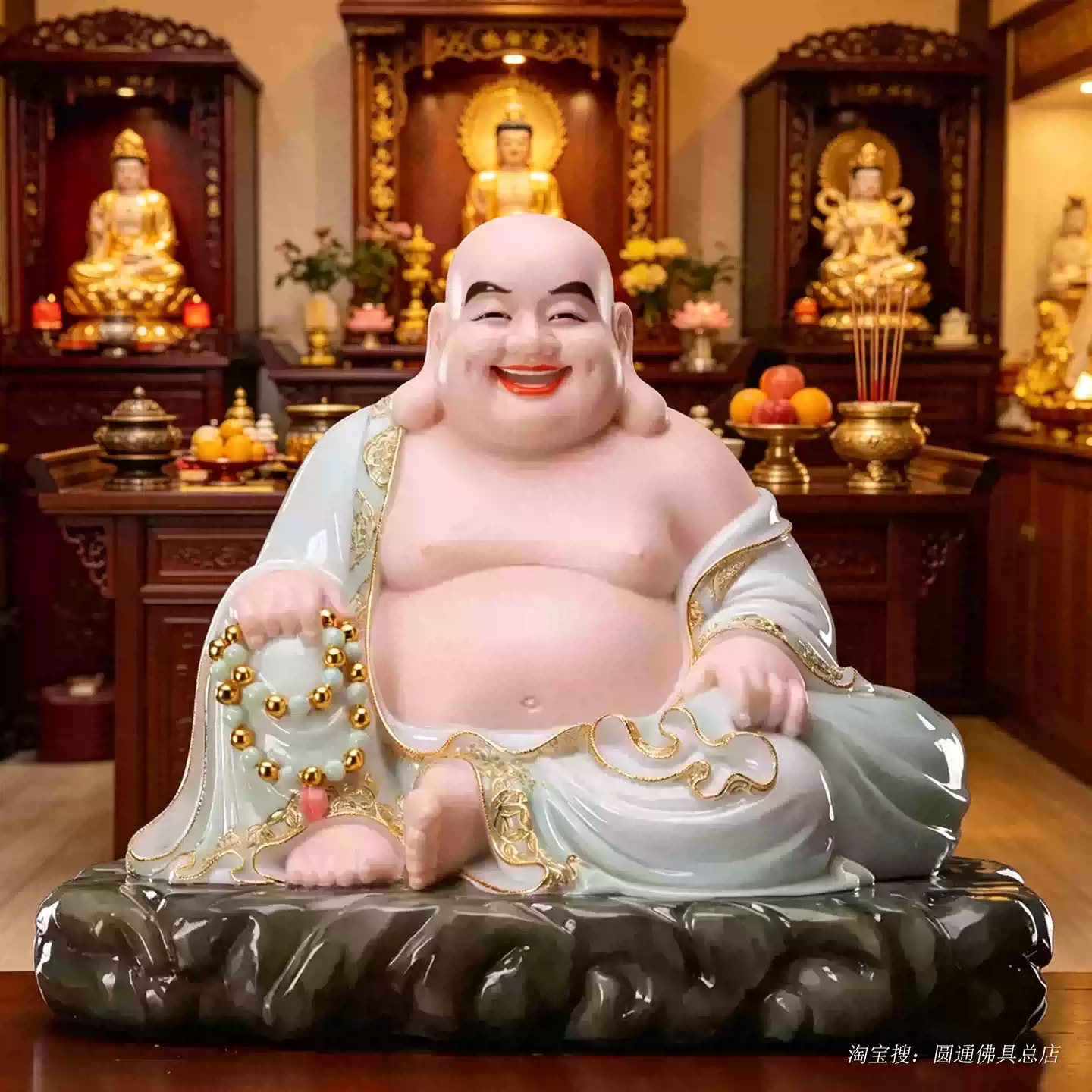 汉白玉弥勒佛石雕16寸中式风格客厅招财笑佛摆件玉石材质手工弥勒佛像