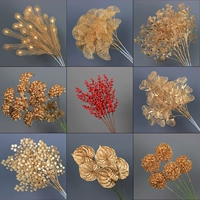 [金色系仿真花新年福桶插花摆件尤加利冬青红果婚礼堂花材金小扇叶]